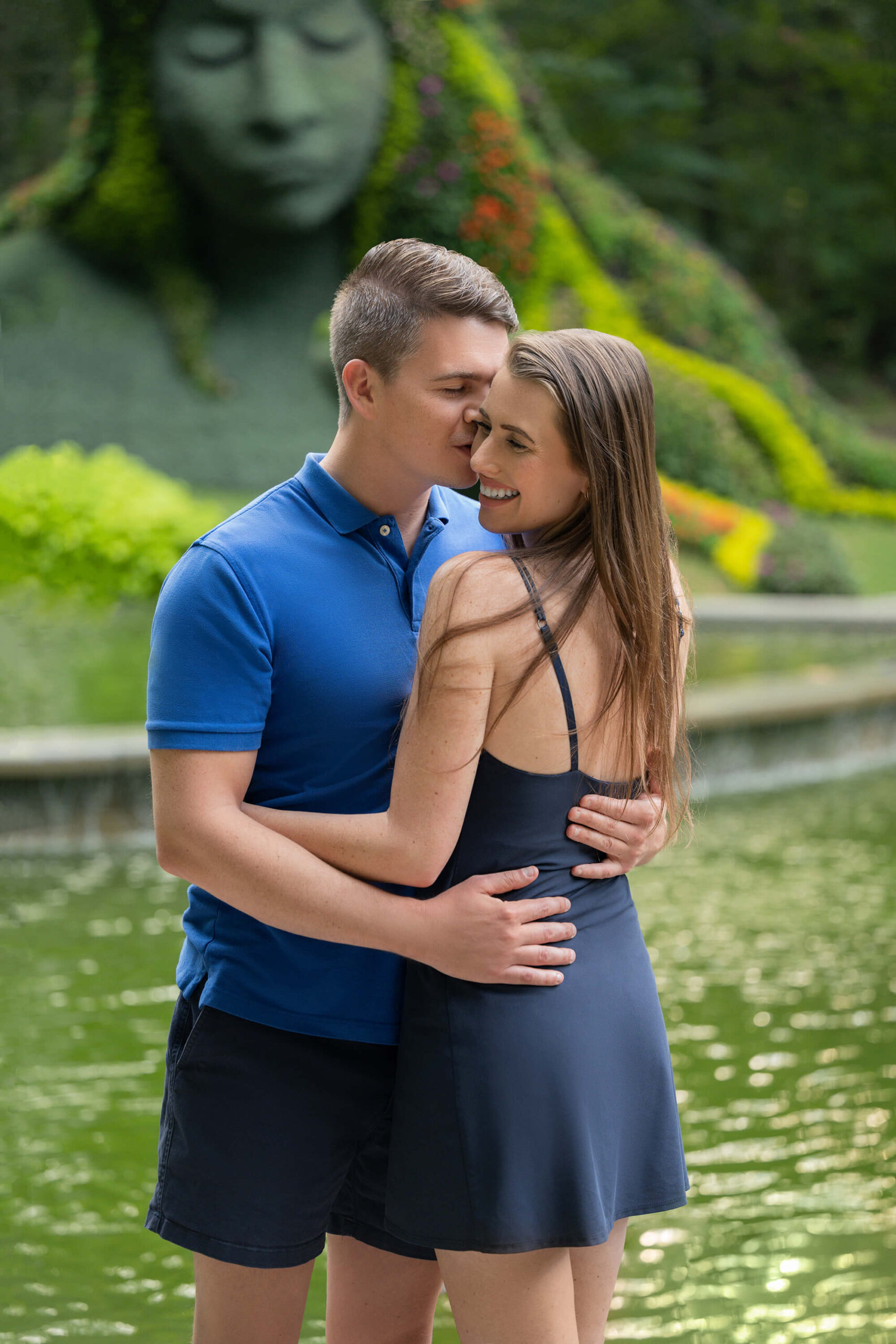 Romantic Engagement Proposal at Atlanta Botanical Gardens: A charming garden setting featuring blooming flowers, winding pathways, and serene water features, providing a picturesque backdrop for a heartfelt marriage proposal filled with love and excitement.